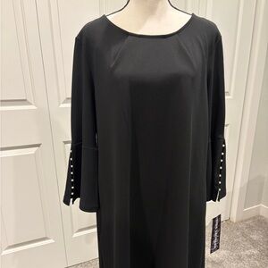 Nina Leonard Black Long Sleeve Midi Dress with Pearl Details